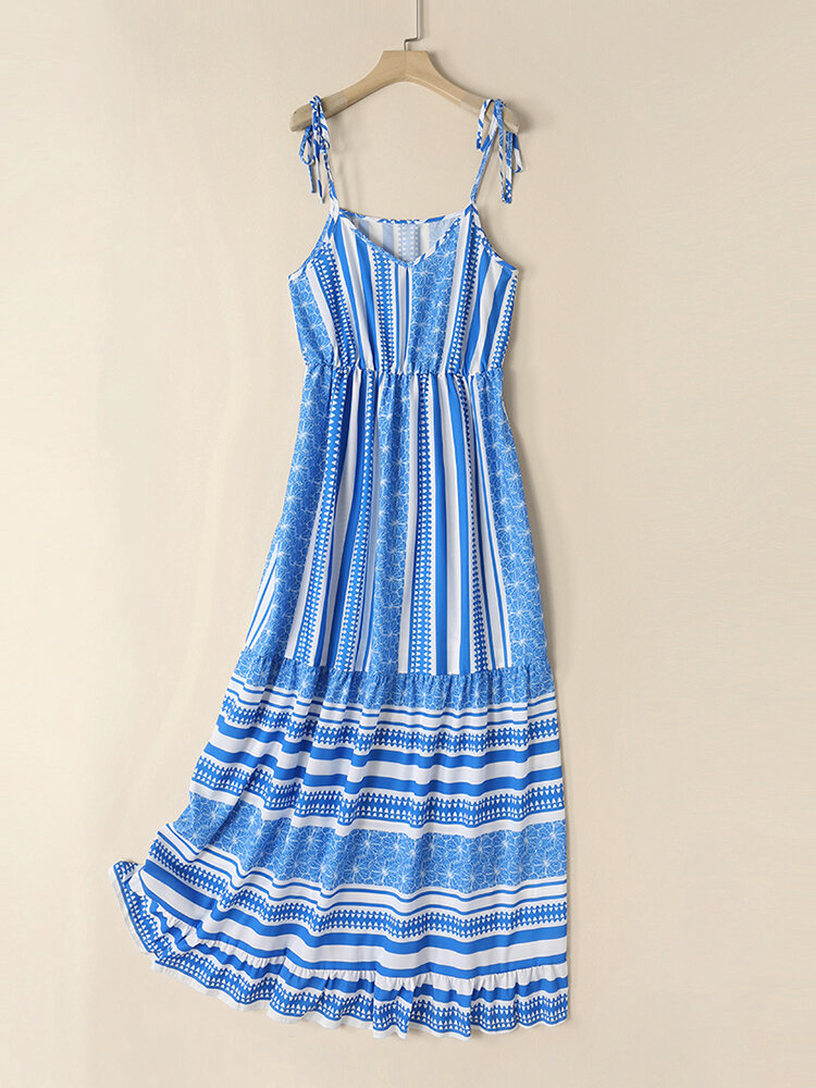 Blue Stripe Print Tie Strap Big Swing Maxi Dress
