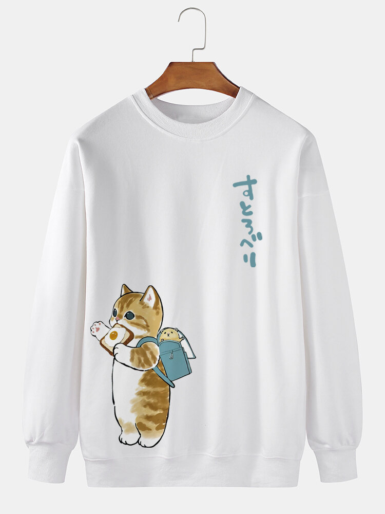 Mens Cute Cat Japanese Print Daily Pullover Sweatshirts