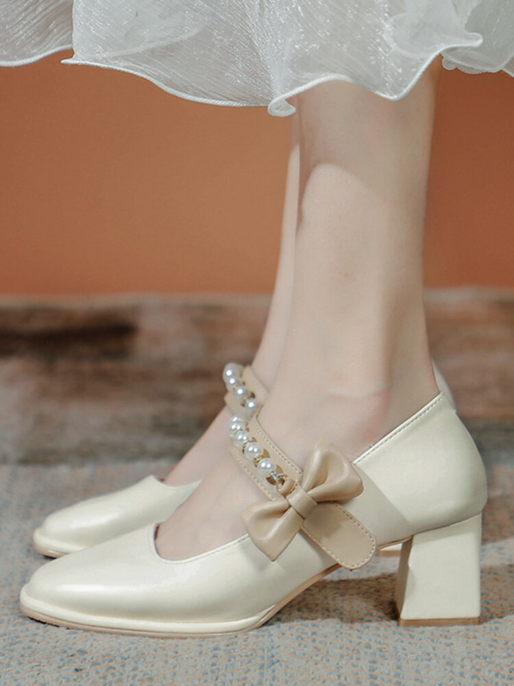 Women Elegant Luxury Embellished Hook & Loop Comfy Square Toe White Wedding Block Heel Mary Jane Shoes