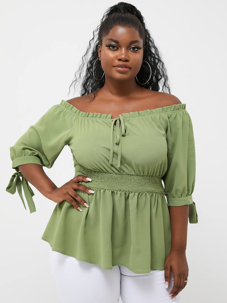 Solid Off Shoulder Knotted Half Sleeve Plus Size Blouse