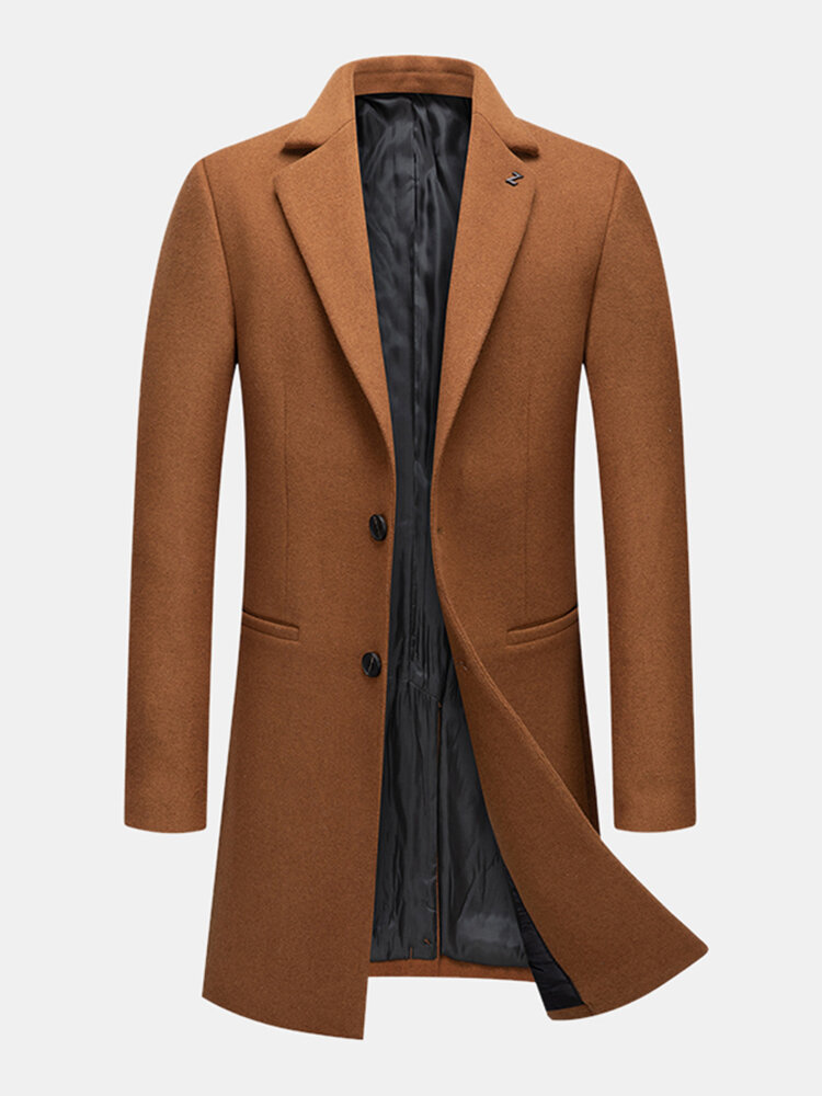 Mens Mid-Length Woolen Single-Breasted Warm Business Casual Thicken Overcoat
