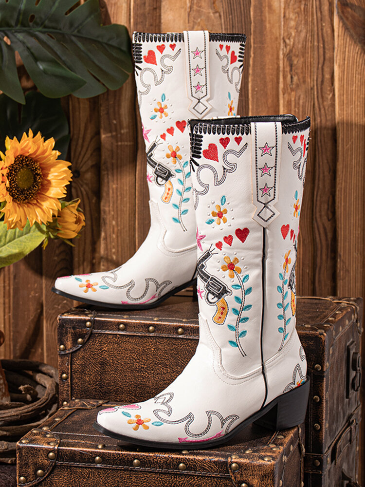 Large Size Women Floral Embroidered Almond-toe Low Heel White Cowboy Boots