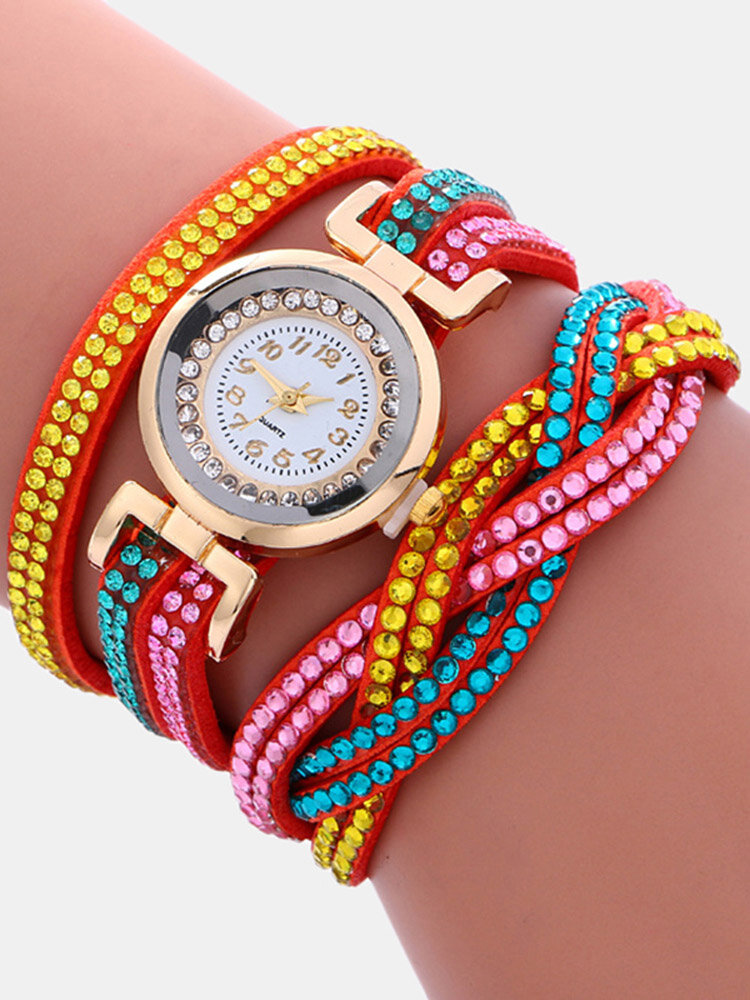 Strass vintage fluorescente multi-camada Watch Metal Colorful Quartzo tecido à mão com diamante Watch