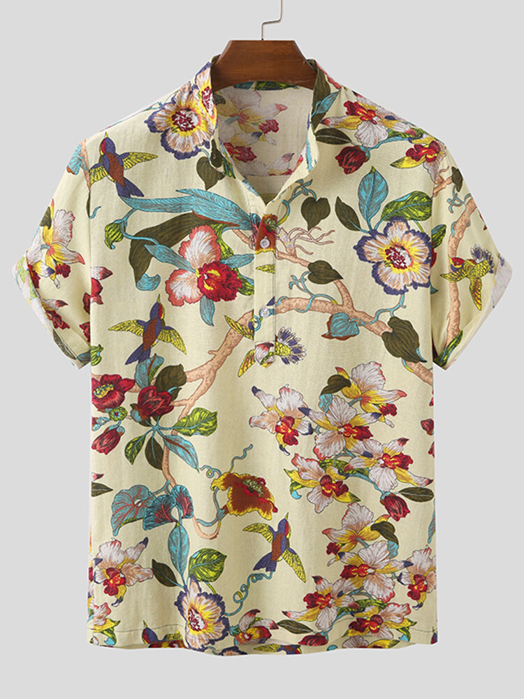 Mens Allover Floral Print Half Button Cotton Henley Shirt