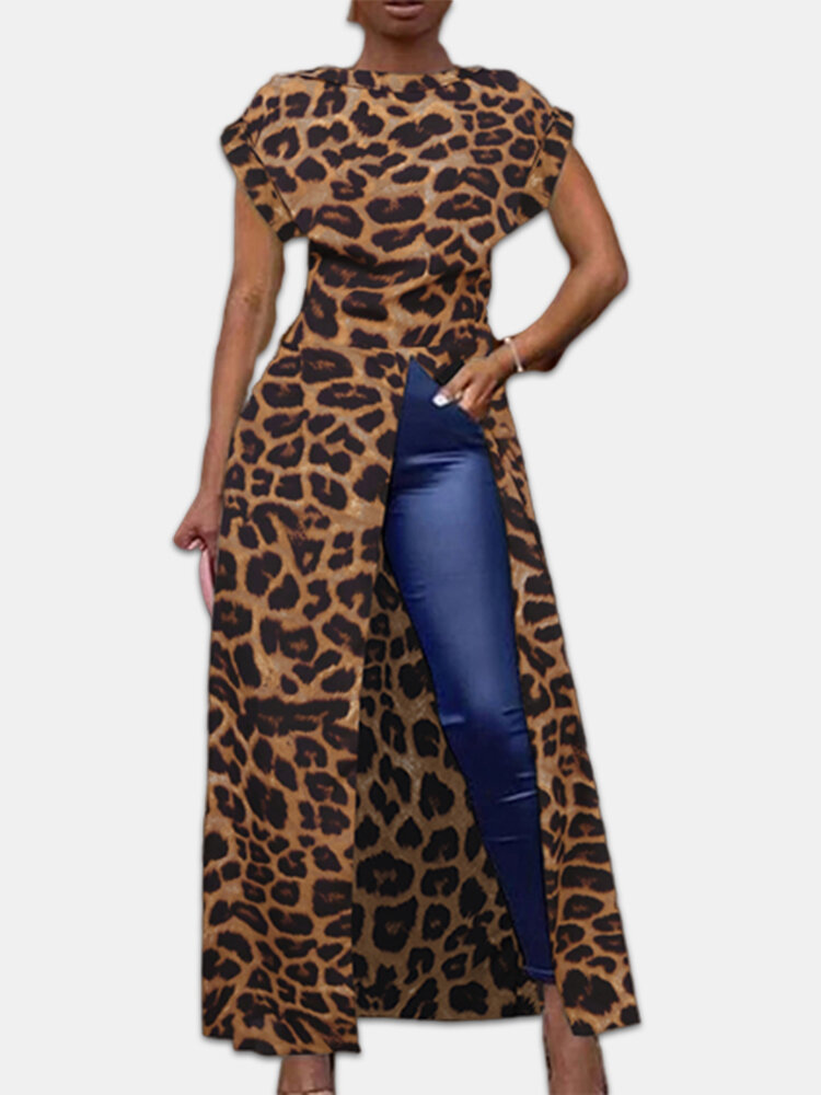 Leopard Print Split Short Sleeve Plus Size Maxi Top