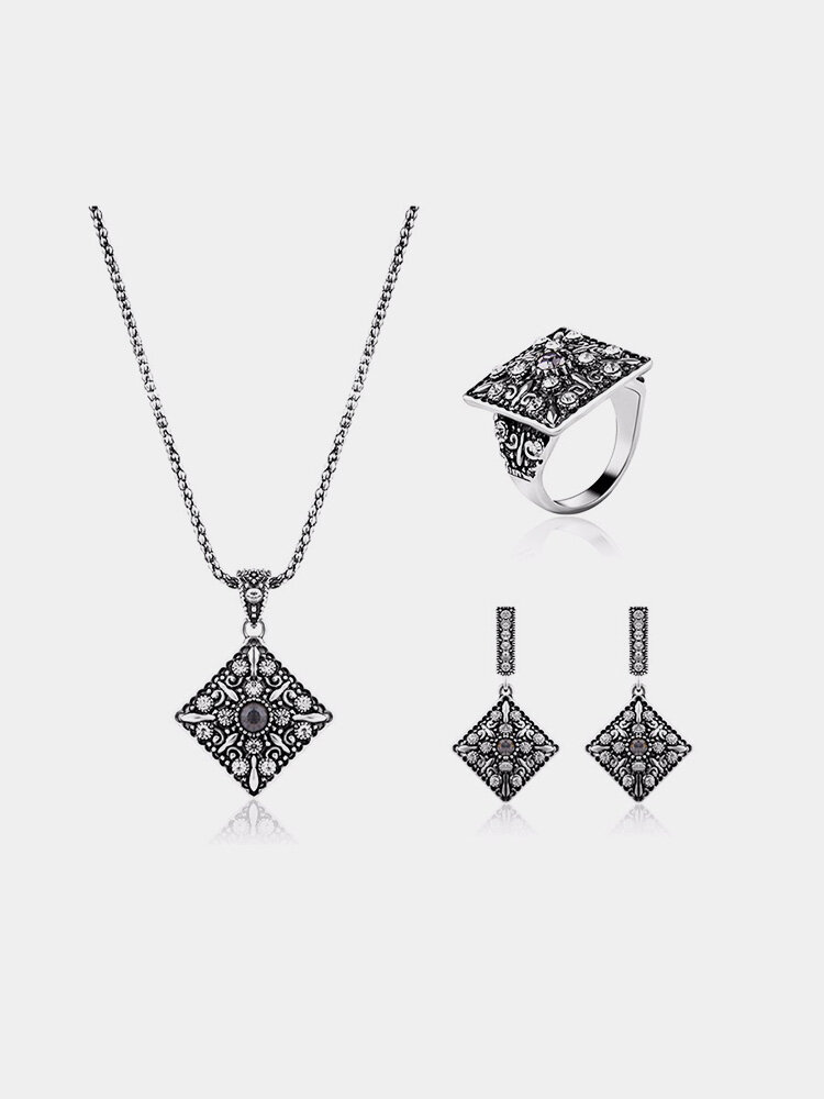Geometry Jewelry Set Alloy Rhinestone Square Necklace Earrings Kit