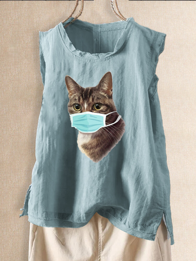 Animal Cat Printed Sleeveless Tank Top For Women