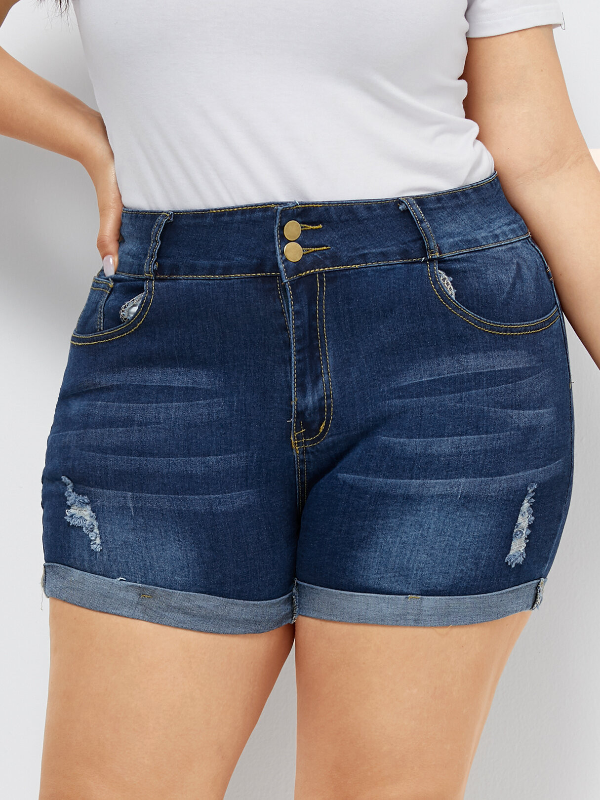 Plus Size Blue Denim Side Pockets Shorts