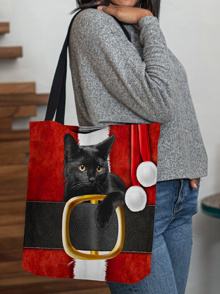 Women Felt Christmas Black Cat Print Handbag Tote