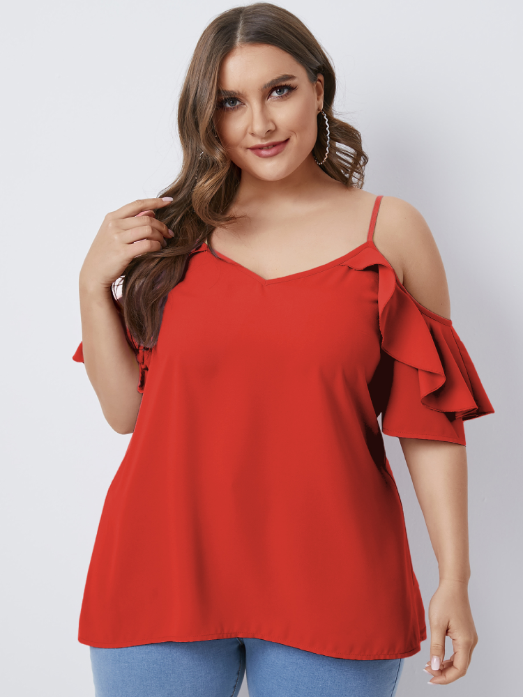 Solid Color Off Shoulder Ruffle Sleeve Plus Size Blouse for Women