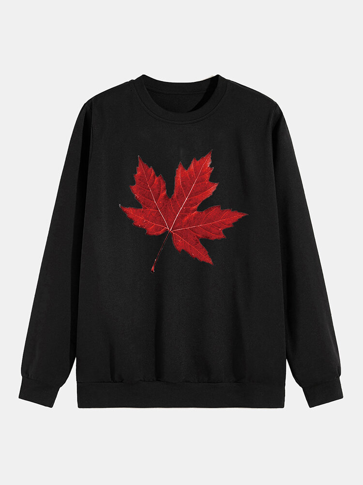 Mens Plain Style Solid Color Maple Leaf Print O-Neck Hoodies
