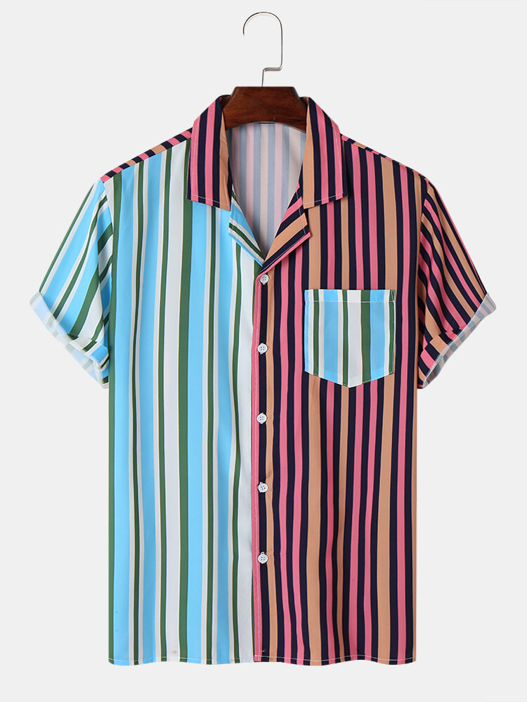 Mens Striped Patchwork Revere Collar Holiday Short Sleeve Shirts