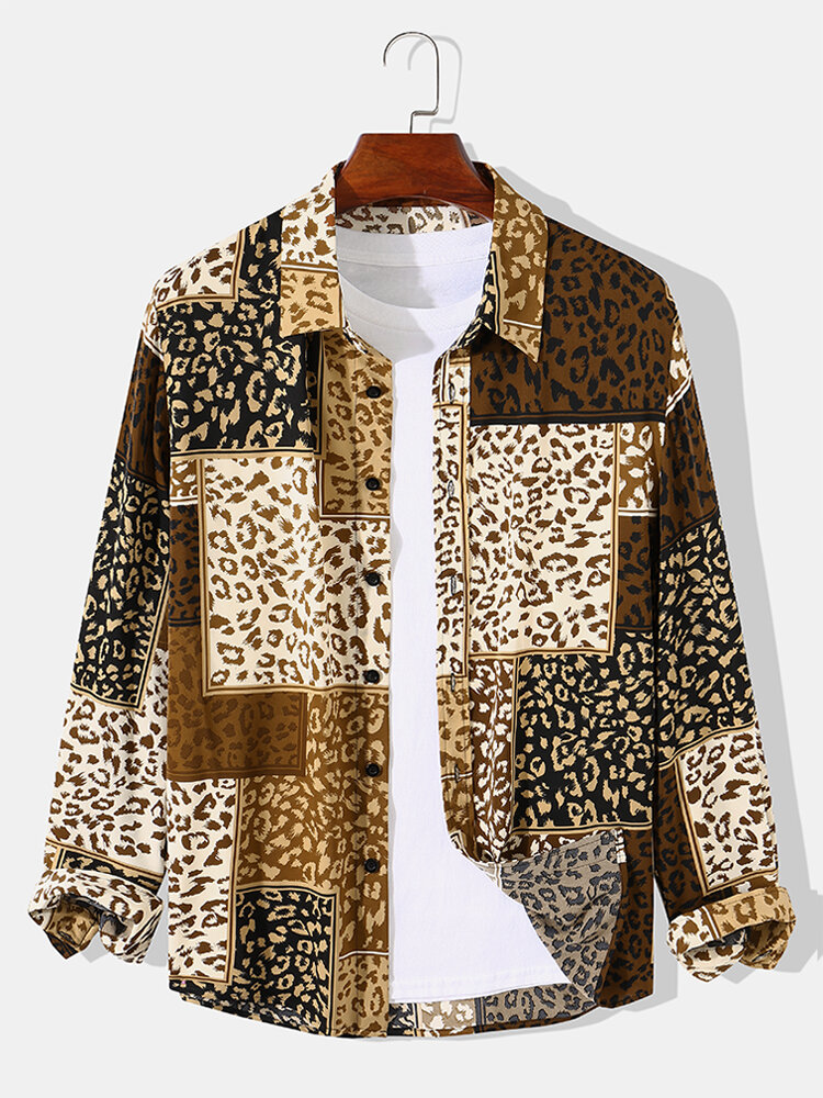 Mens Square Leopard Printed Overlap Buttons Up Long Sleeve Shirts