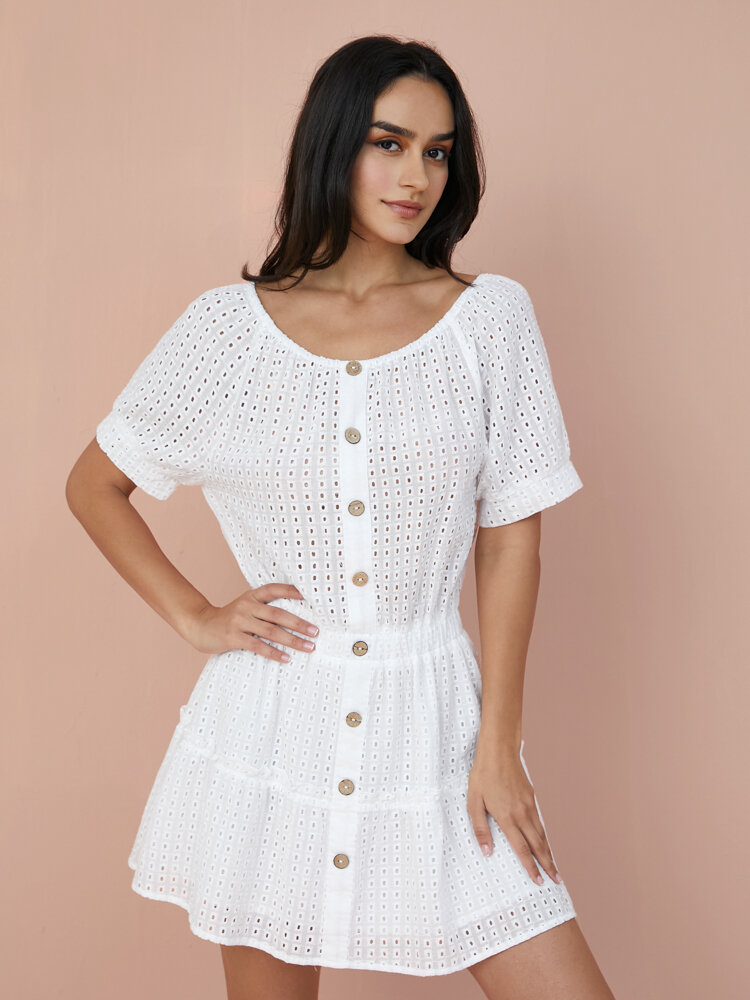 

Tiered Solid Eyelet Button Crew Neck Short Sleeve Dress, White
