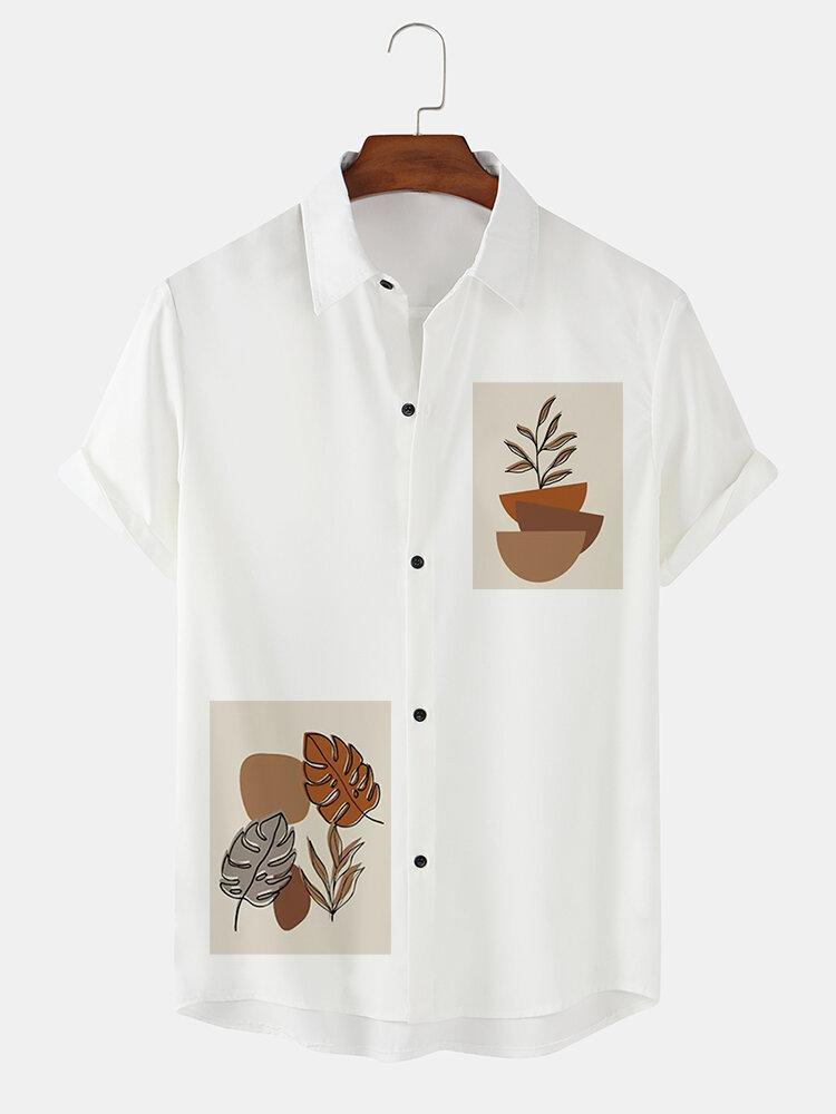 رجالي نباتات ليف الرسومات طية صدر السترة عارضة قمصان قصيرة الأكمام