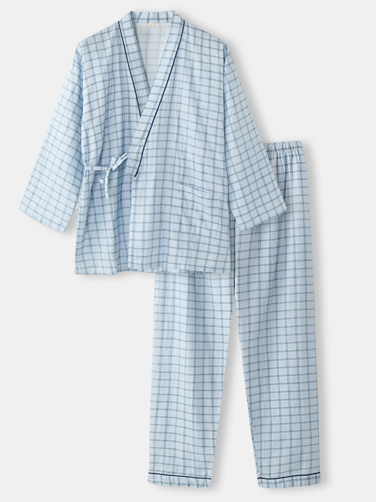 Men Gingham Print Lace Up Pocket Ankle Length Home Pajamas Sets