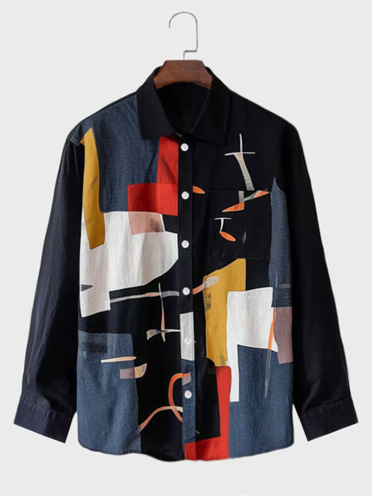 

Mens Abstract Geometric Print Button Up Long Sleeve Shirts Winter, Black