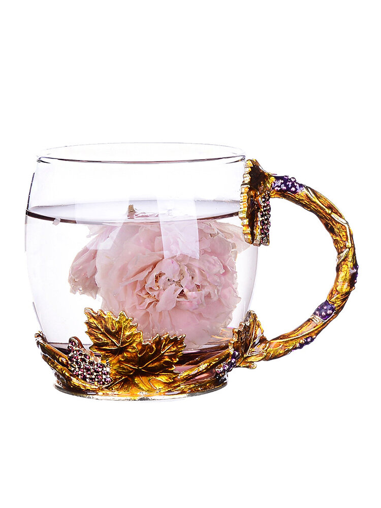 Golden and Purple Color Combination Enamel Glass Cup Crystal Embed Beautiful Glass Mug Ideal Gift 