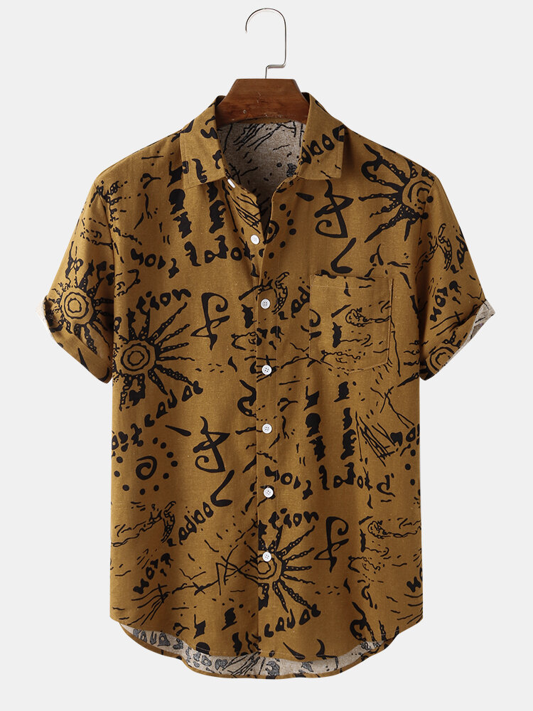 Mens All Over Ethnic Pattern Print Lapel 100% Cotton Short Sleeve Shirts