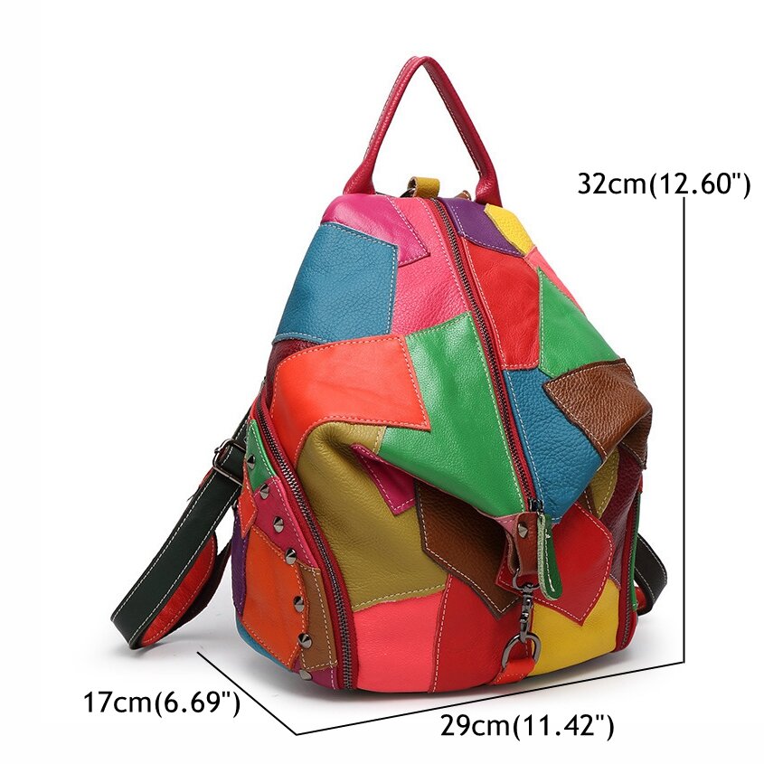 Women Casual Patchwork Genuine Leather Large Capacity Backpack