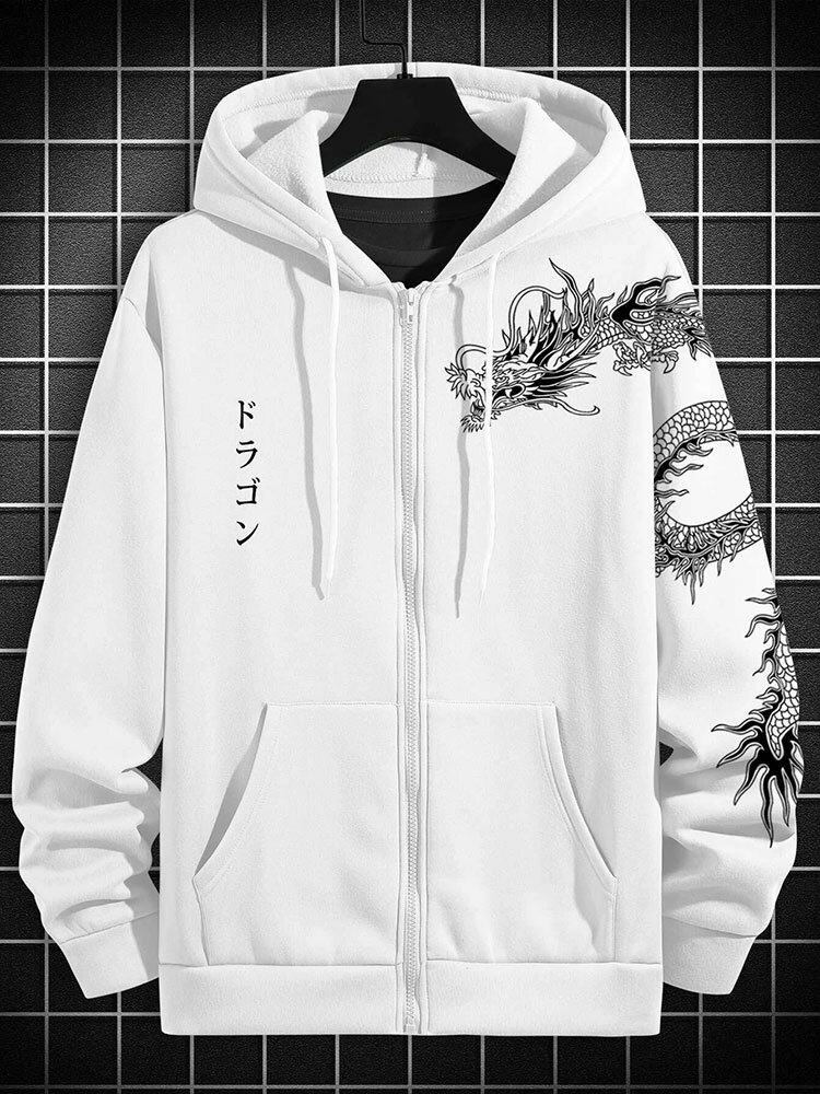 Mens Japanese Dragon Print Zip Front Drawstring Hooded Jacket Winter