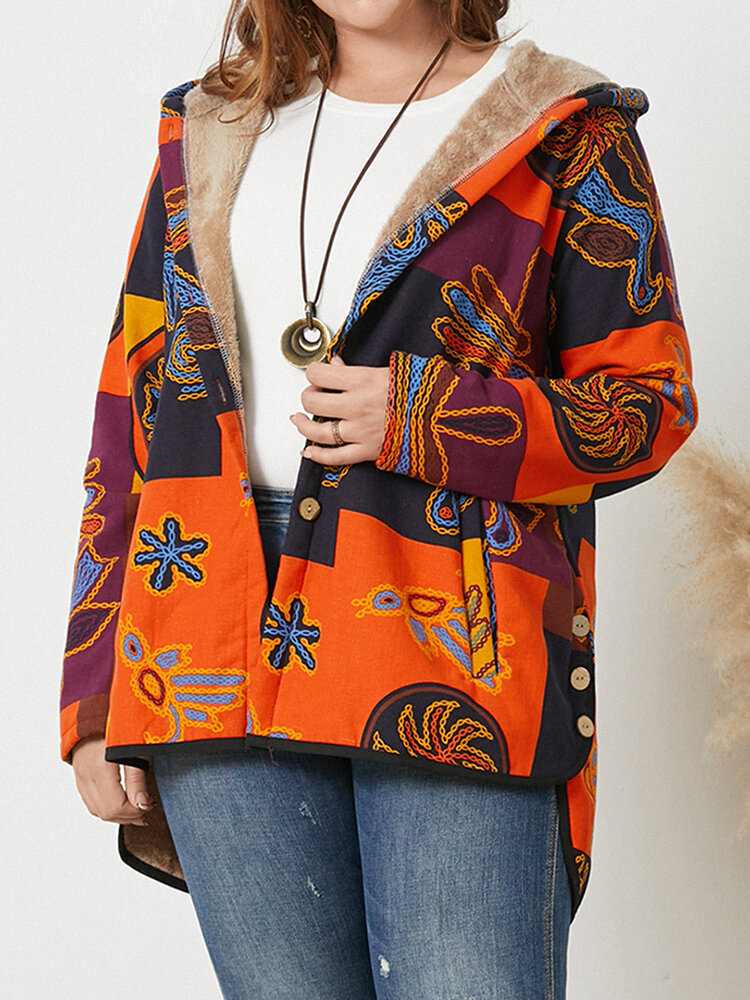 Plus Size Ethnic Pattern Patchwork Button Thermal Coat