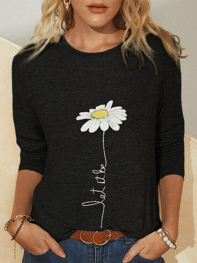 Simple Flower Print Long Sleeves Casual T-shirt For Women