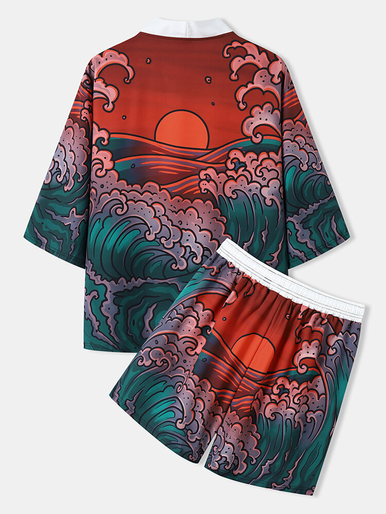 Mens Red Sun Wave Print 3/4 Sleeve Kimono Two Pieces Outfits