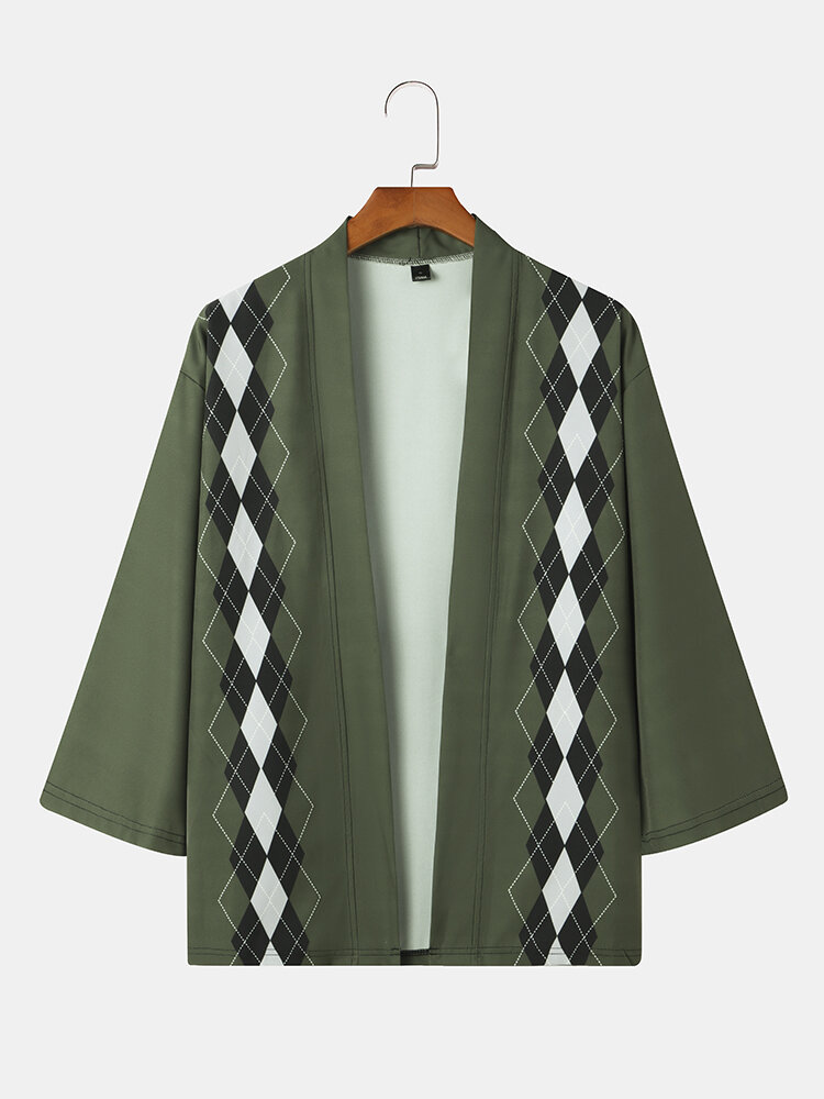 Mens Argyle Geometric Print Open Front Loose Casual 3/4 Sleeve Kimono