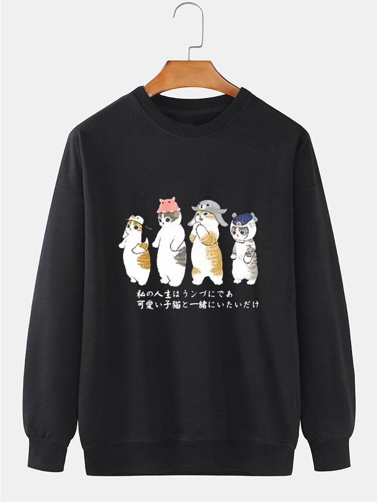 ChArmkpR Mens Cartoon Japanese Cat Print Crew Neck Pullover Sweatshirts