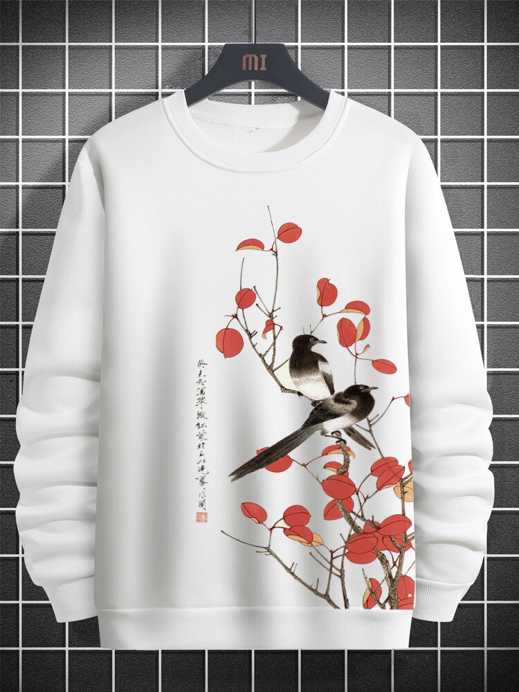 Mens Chinese Floral & Bird Print Crew Neck Pullover Sweatshirts Winter