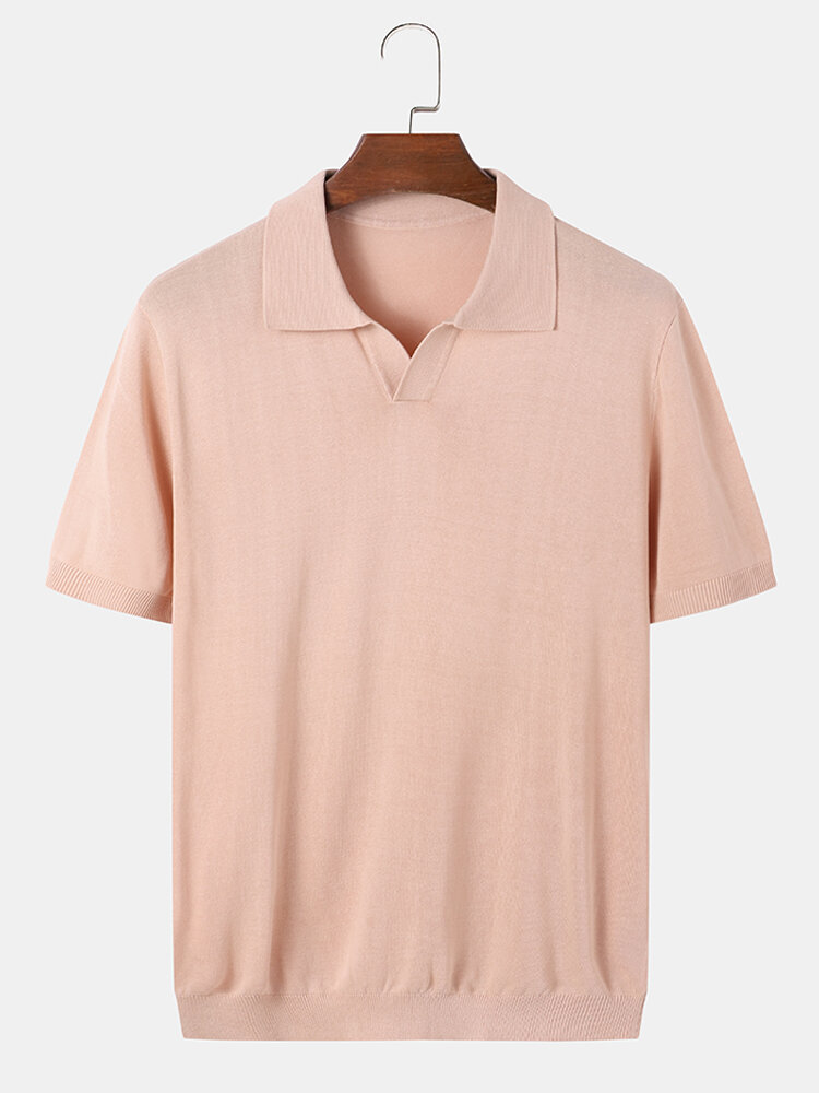 Mens Solid Color Johnny Collar Knitted Casual Short Sleeve Golf Shirts