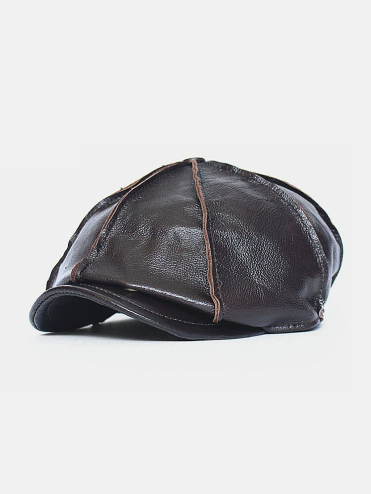 Men Genuine Leather Casual Keep Warm Artist Style Newsboy Hat Beret Hat