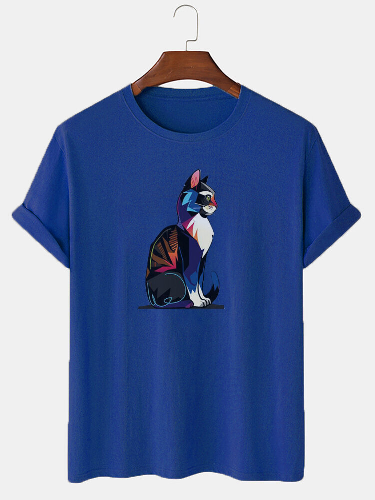 T-shirt à manches courtes et col ras du cou pour homme, vêtement d'hiver avec dessin animé de chat, Colorful