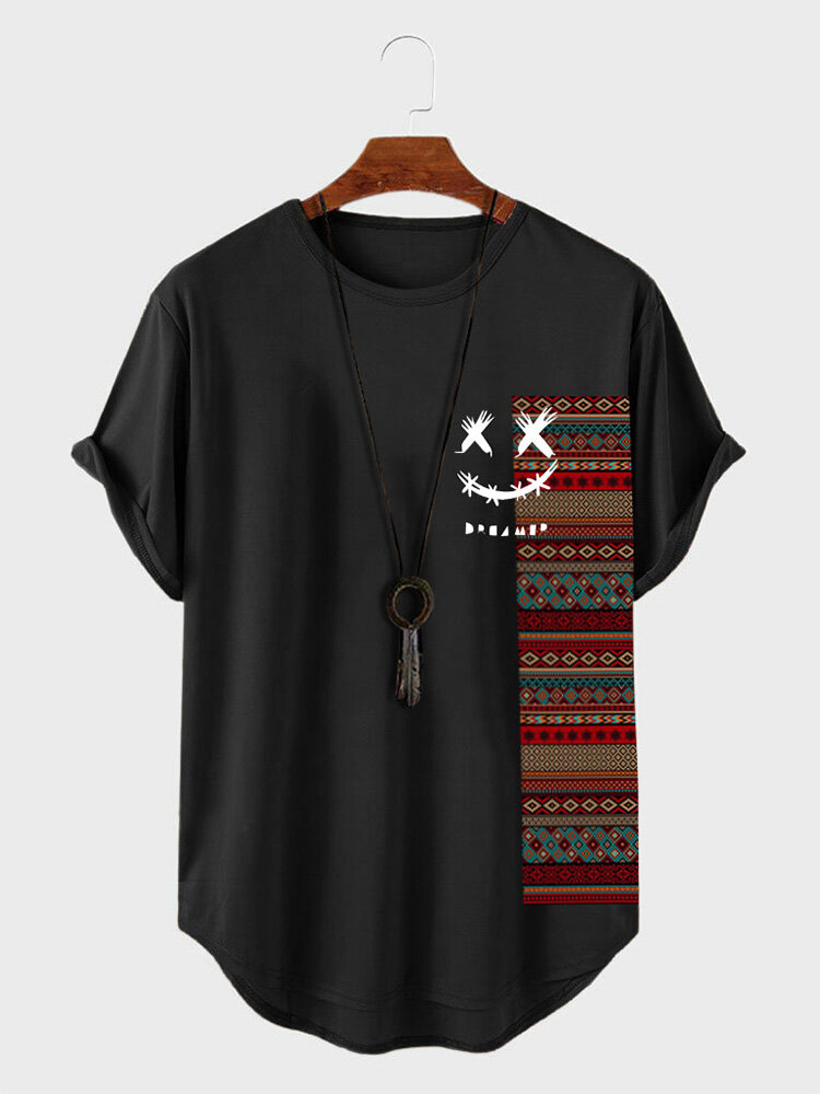 T-shirt a maniche corte da uomo con stampa geometrica etnica, patchwork, orlo curvo