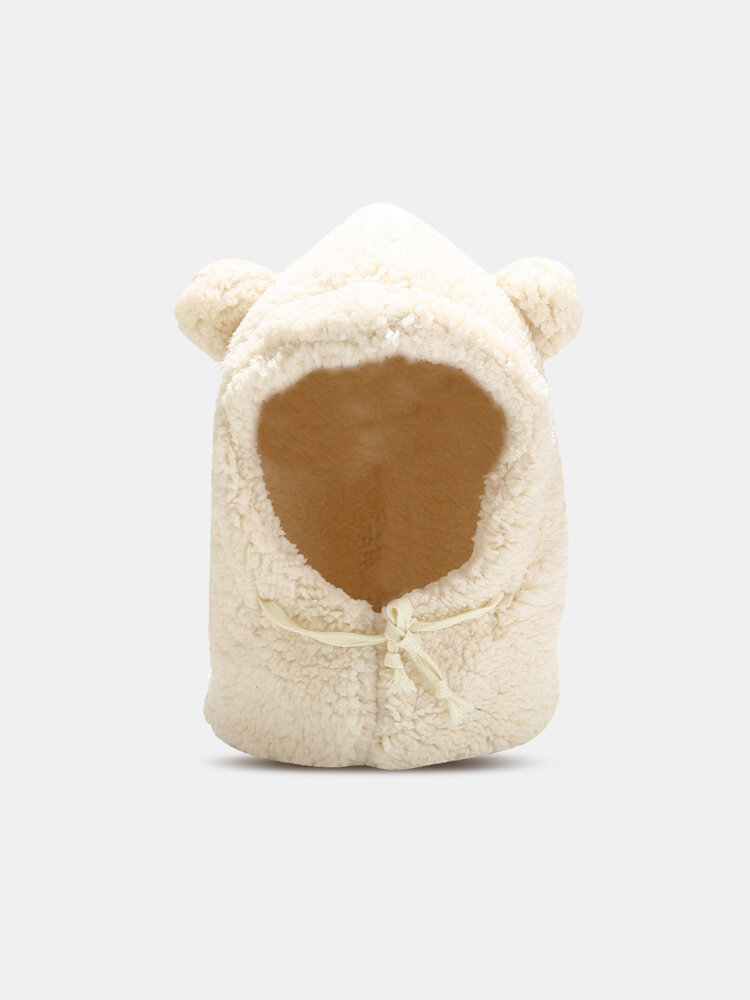 Women Lambswool Plush Solid Color Bear Shape One-piece Bib Hat Outdoor Anti-cold Ear Protection Bean