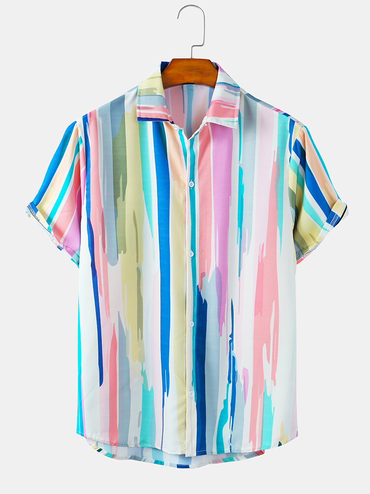 

Mens Striped Printed Gradient Light Casual Short Sleeve Shirts, White;blue