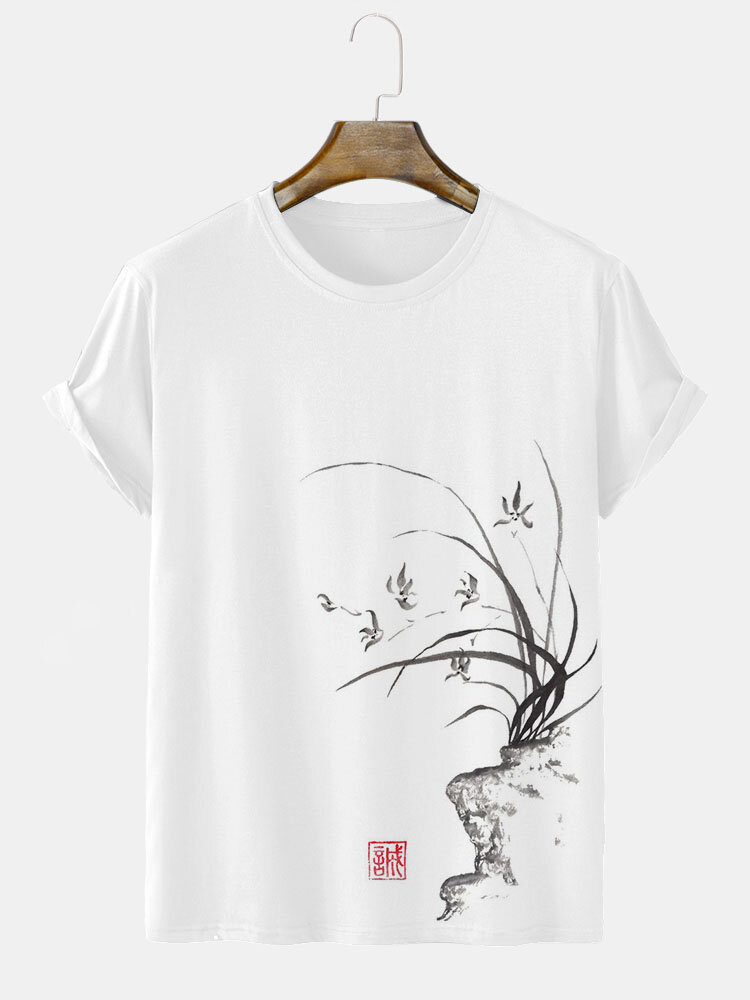 

Mens Chinese Floral Plant Ink Print Crew Neck Short Sleeve T-Shirts Winter, White