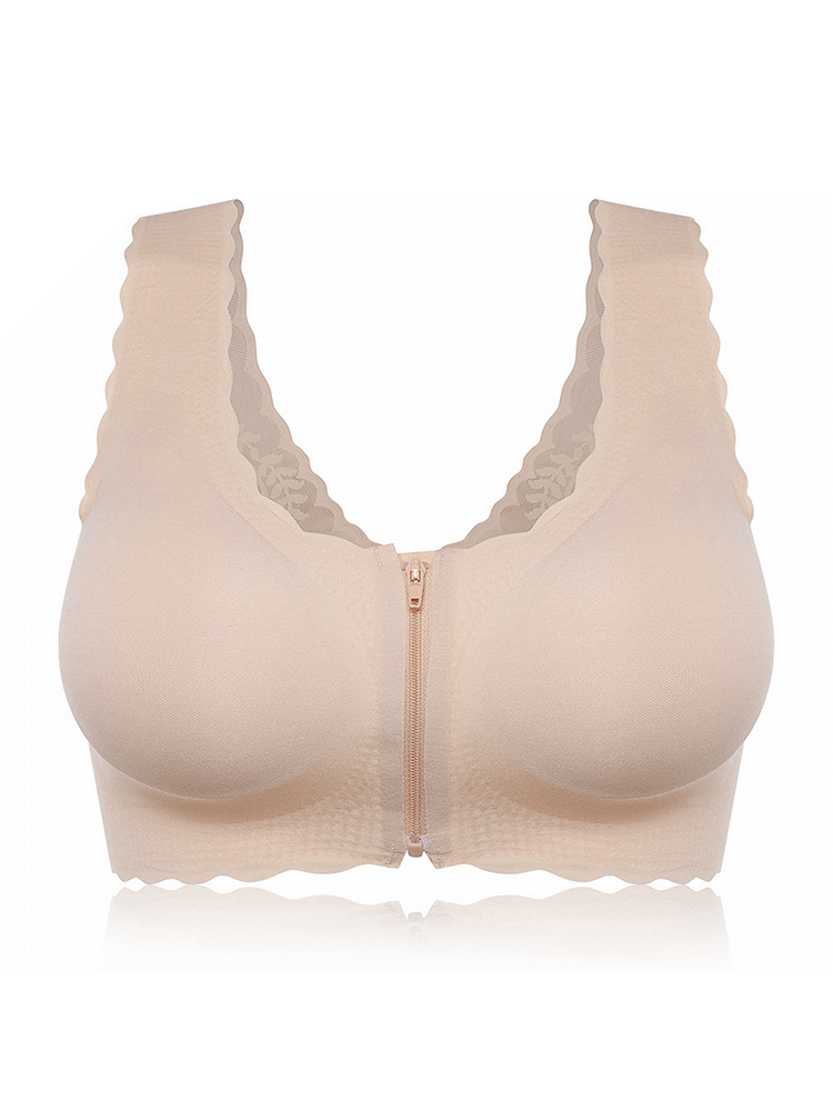 Zip Front Seamless Lace Back Wireless Cotton Lining Breathable Bras