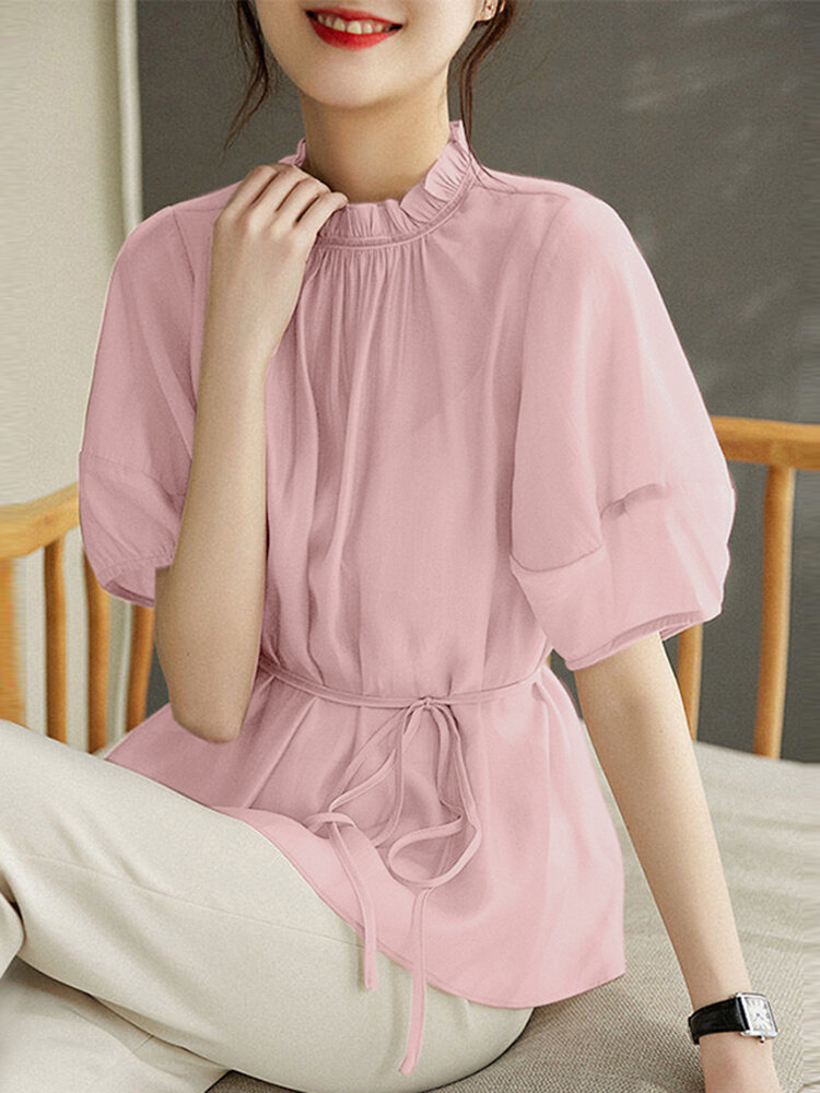

Solid Lettuce Edge Stand Collar Puff Sleeve Belt Blouse, Pink;navy;khaki