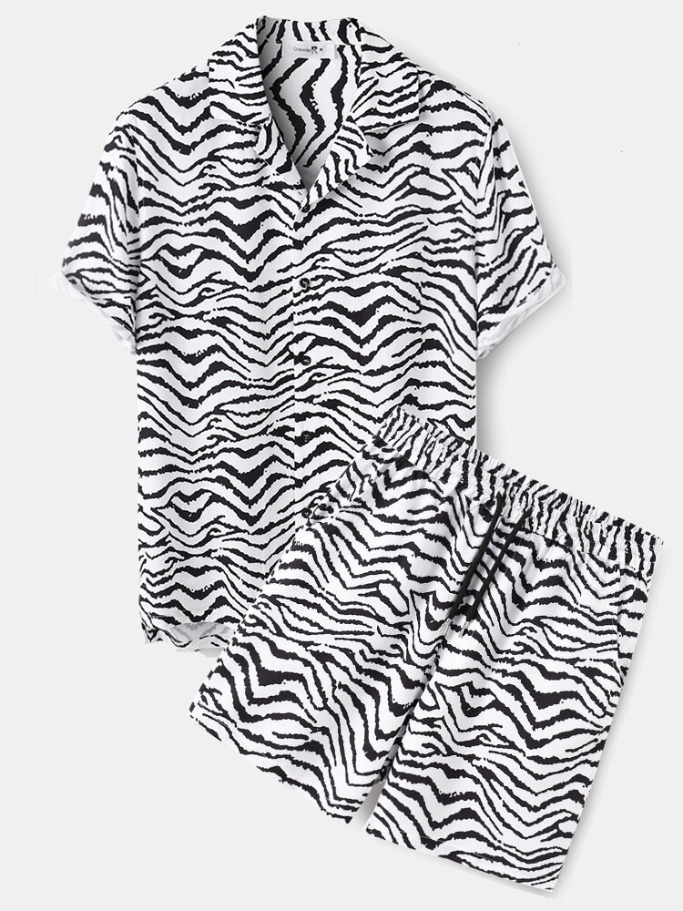 Mens Zebra Pattern Revere Collar Shirt & Drawstring Shorts Two Piece Outfits