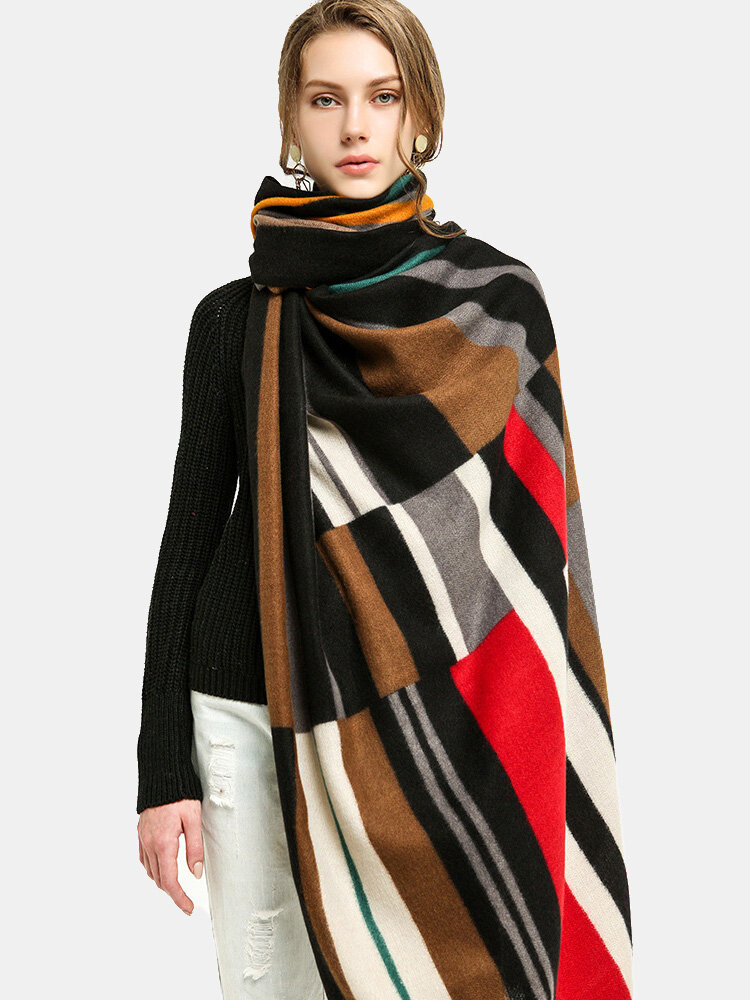 Women Artificial Cashmere Dual-use Colorful Striped Color-block Print Fashion Warmth Shawl Scarf