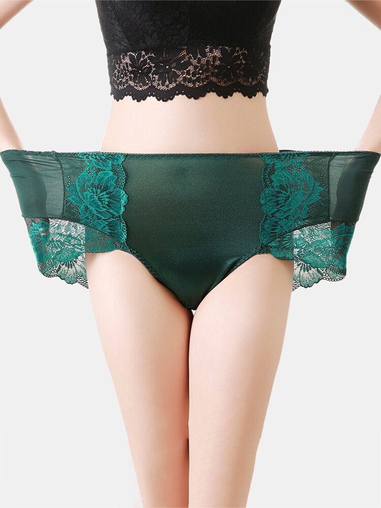 

High Waisted Lace Patchwork Mesh Full Hip Comfy Cotton Linning Panty, Black;green;red;nude;blue