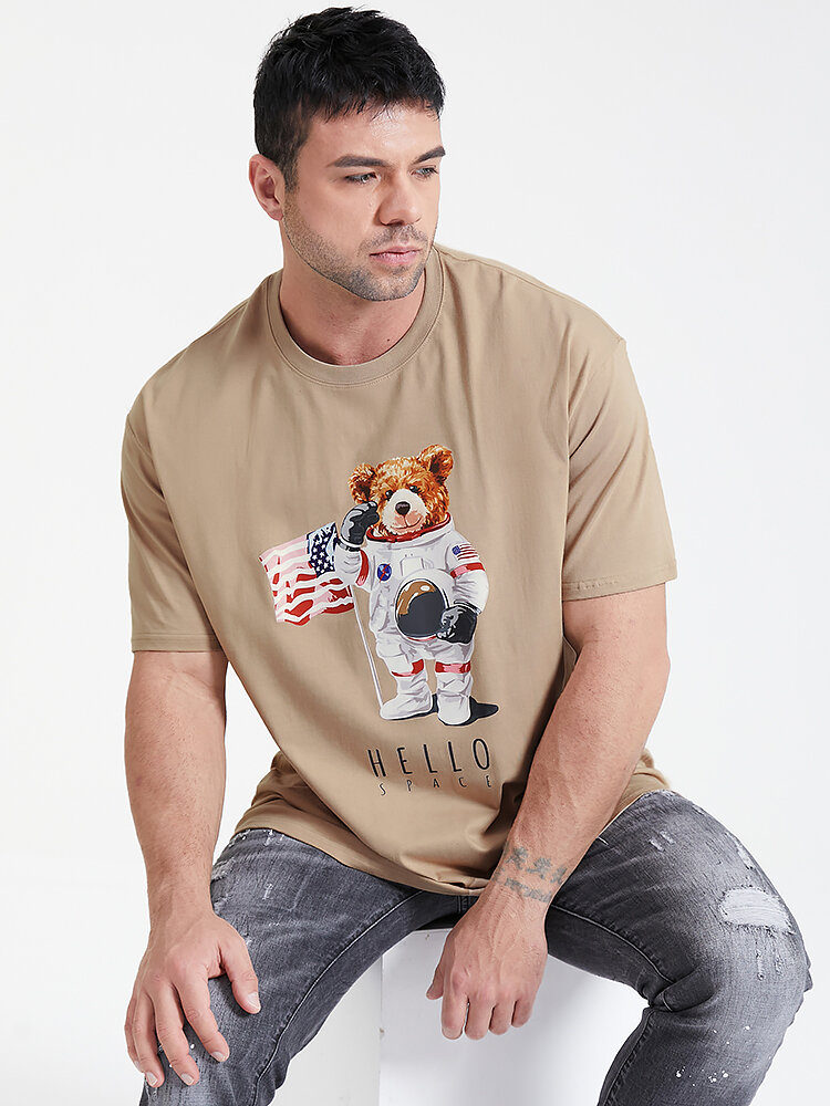 Plus Size Mens Astronaut Bear Graphic Print Fashion Cotton T-Shirt