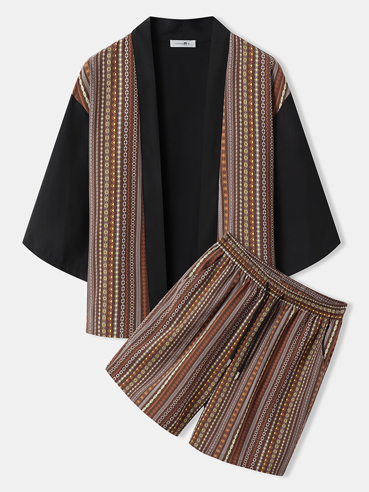 

Mens Tribal Print Ethnic Shawl Collar Kimono Two Pieces Outfits, Brown