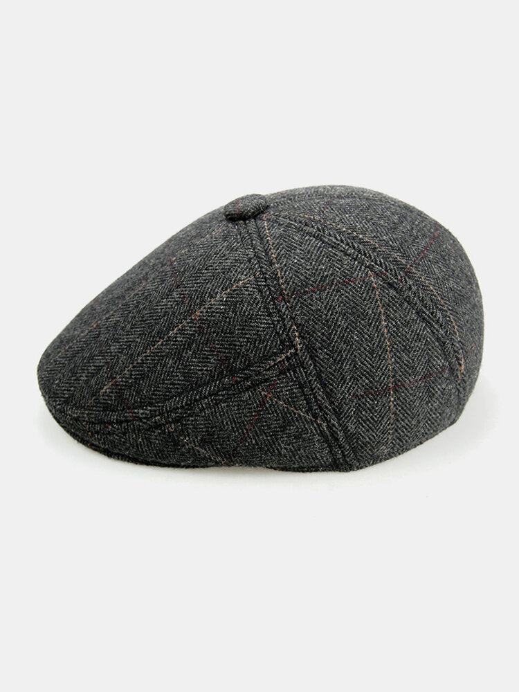 

Men Woolen Felt Plus Velvet Thicken Ear Protection Lattice Pattern Forward Hat Beret Hat Flat Cap