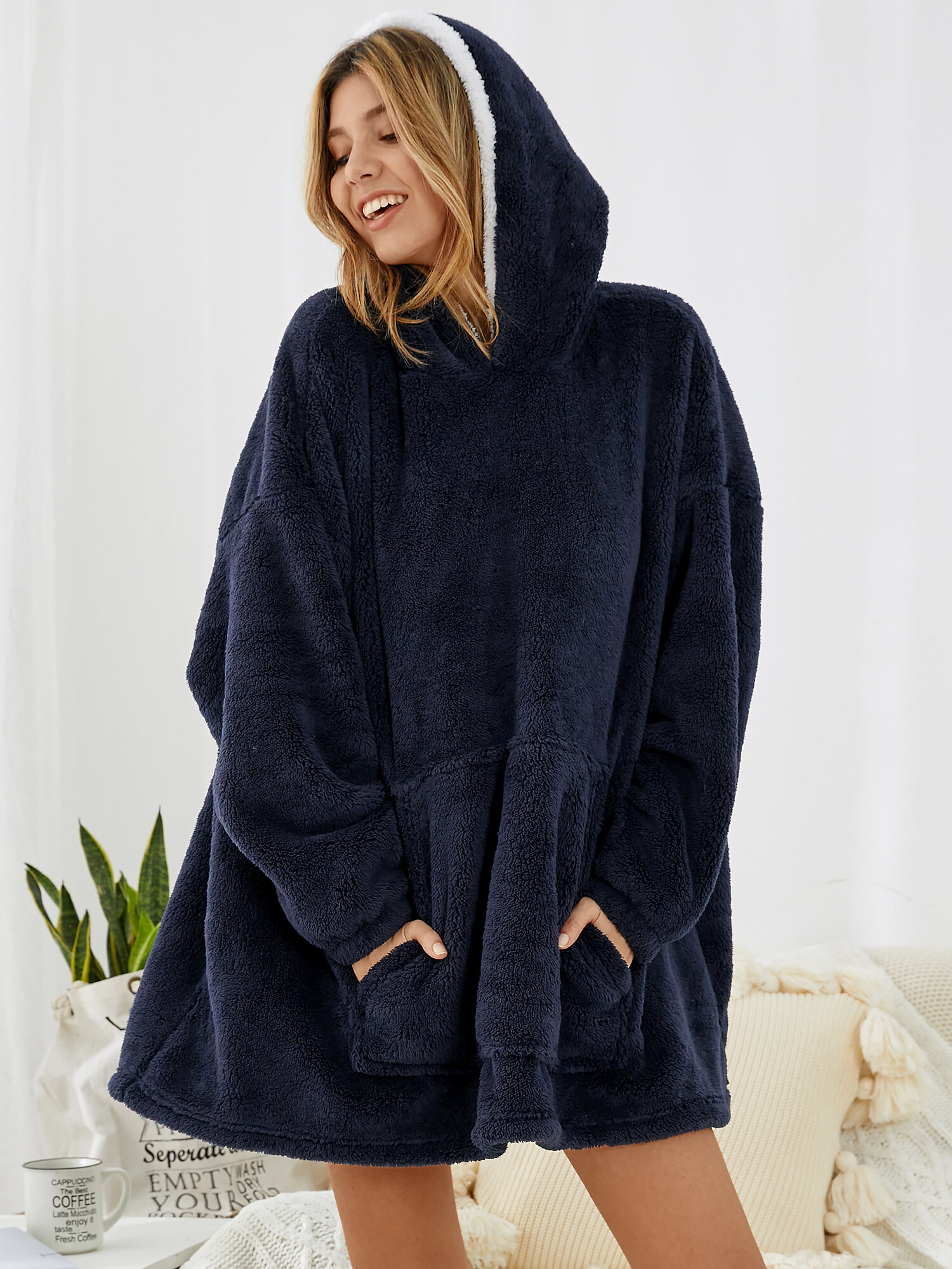 Women Solid Color Fleece Lined Thick Loose Warm Winter Home Oversized Blanket Hoodie