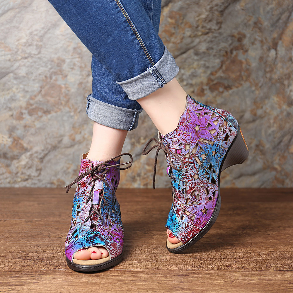 SOCOFY Hand Painted Colorful Genuine Leather Hollow Irregular Star Pattern Lace Up Sandals