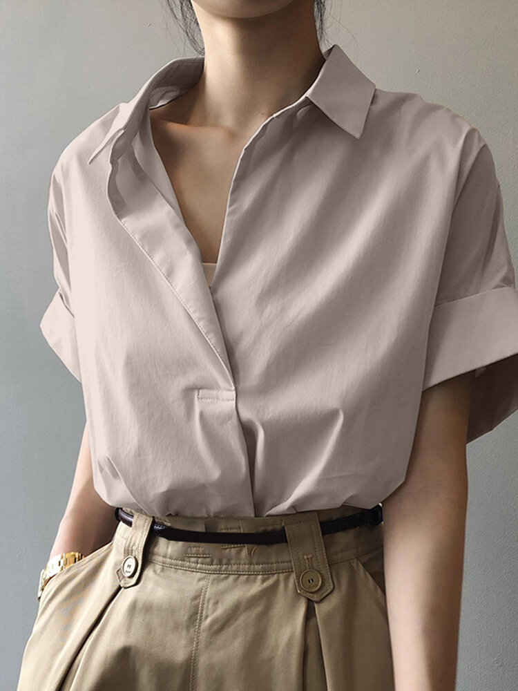 Women Solid Color Lapel Casual Short Sleeve Shirt