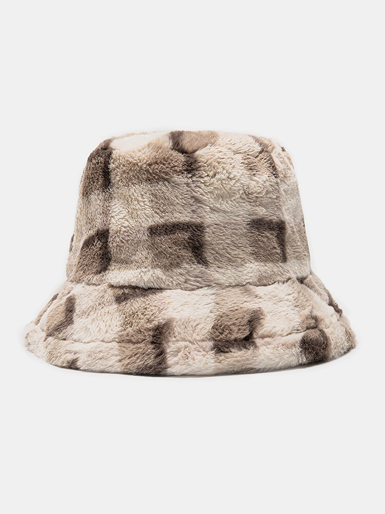 Women & Men Rabbit Fur Plaid Pattern Plus Thicken Warm Windproof Soft All-match Travel Bucket Hat